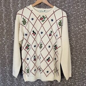 Vintage Tulchan White Knit Sweater Ribbon Embroidered‎ Cottagecore Women's M